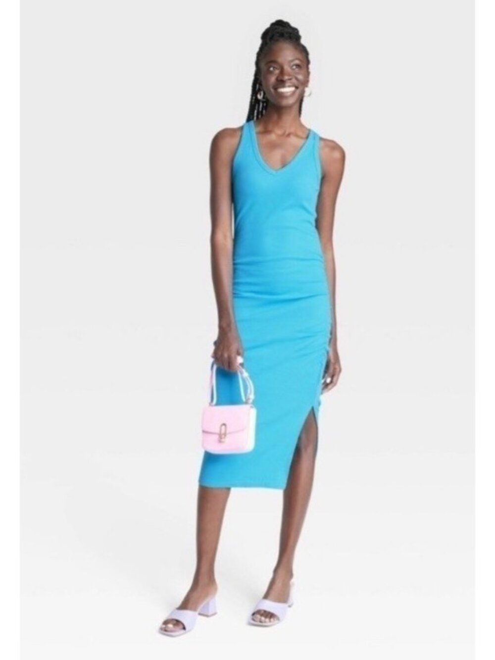 Bright Blue Ribbed Knit Side Ruched Stretch Fitted Casual V Neck Midi Dress S